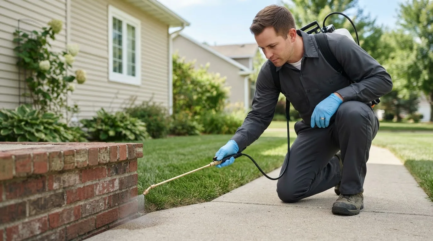 Pest control technician treating a home near Breezewood, PA