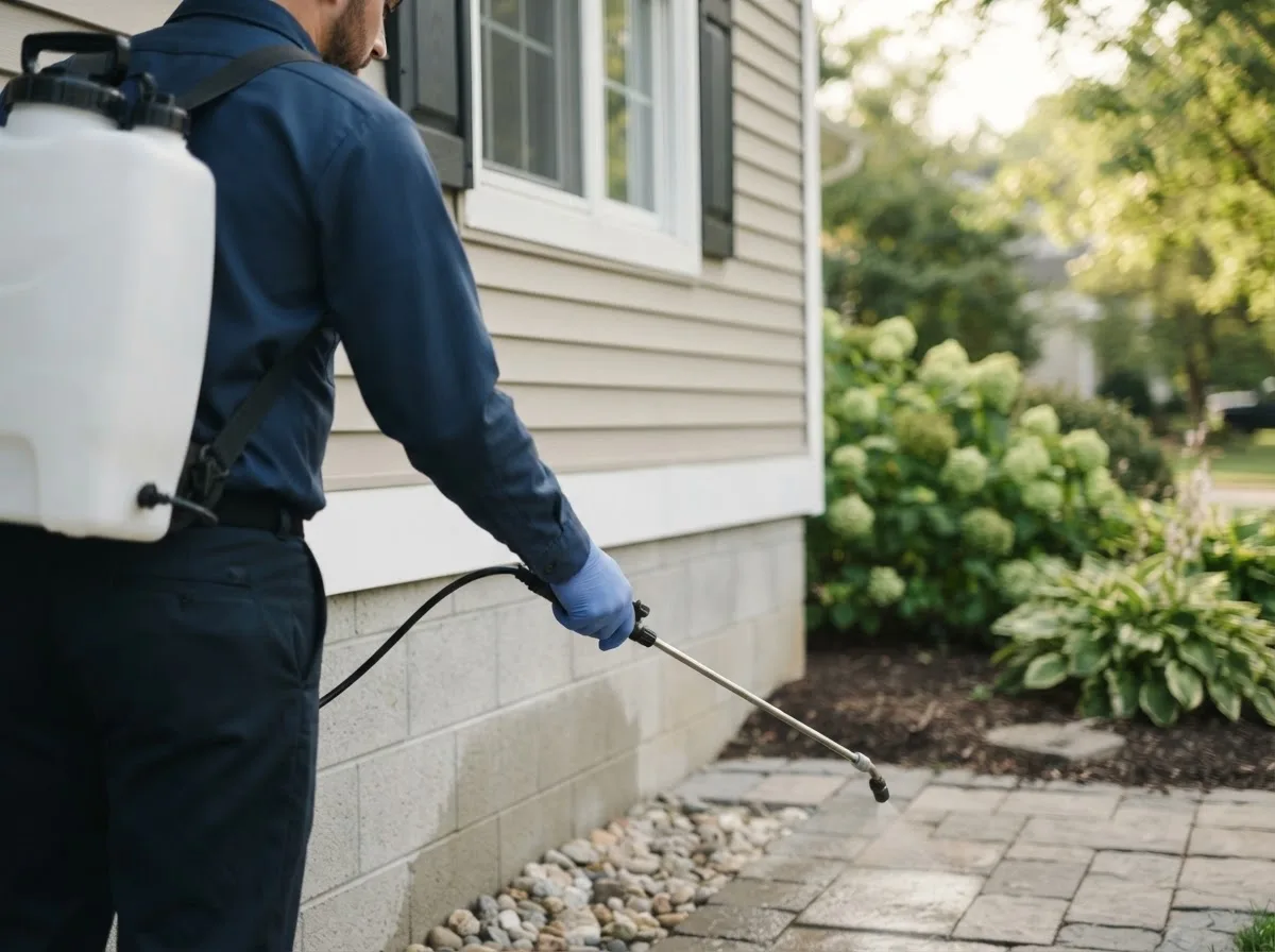Pest control technician inspecting a home in Breezewood, PA